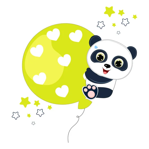 Cute Cartoon Pequeño Panda Flotando Con Gran Globo Ilustración Vectorial — Vector de stock