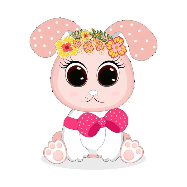 Mignon Dessin Animé Petit Lapin Bébé Avec Une Couronne Fleurs — Image vectorielle