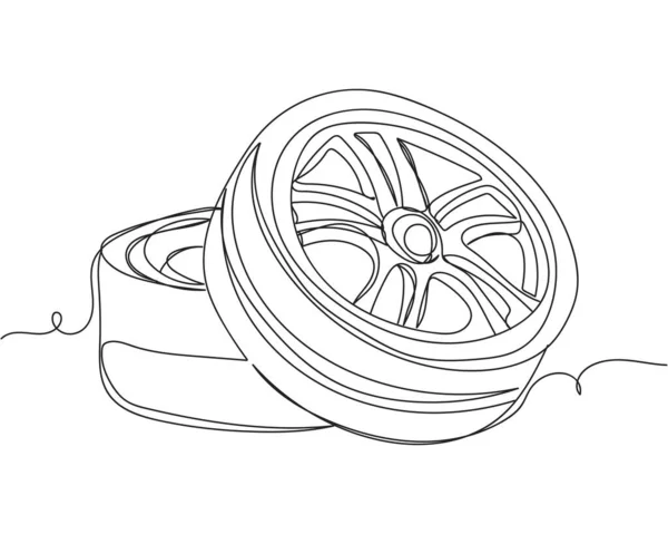 白い背景にシルエットで車の車輪の連続的な1行の図面 線形スタイル ミニマリスト — ストックベクタ