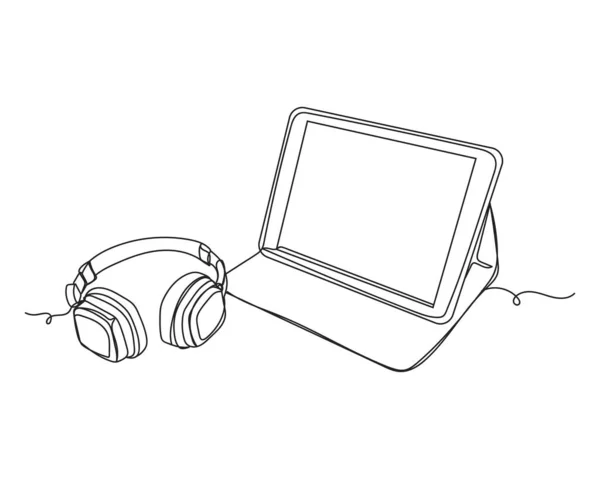 Kontinuální Jednořádková Kresba Sluchátek Technologie Tabletu Siluetě Bílém Pozadí Lineární — Stockový vektor