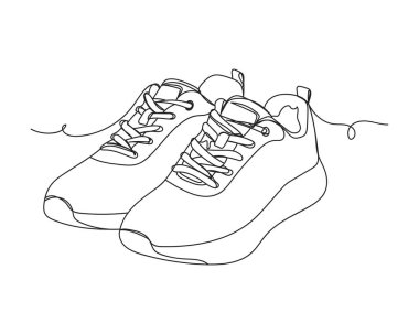 Beyaz bir arka planda siluet içinde çift spor ayakkabısı çizimleri. Doğrusal biçimlendirilmiş. Minimalist.