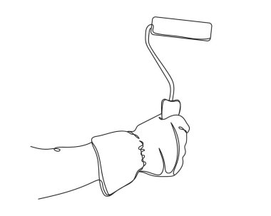 Continuous one line drawing of worker hand holding paint roller in silhouette on a white background. Linear stylized.Minimalist.