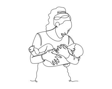 Continuous one line drawing of mother with baby in silhouette on a white background. Linear stylized.Minimalist.