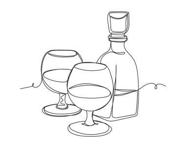 Continuous one line drawing of cognac or whiskey in glasses in silhouette on a white background. Linear stylized.Minimalist.