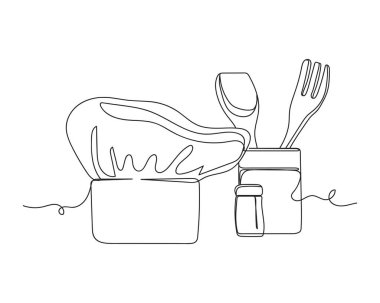 Continuous one line drawing of cook hat and cooking setting table in silhouette on a white background. Linear stylized.Minimalist.