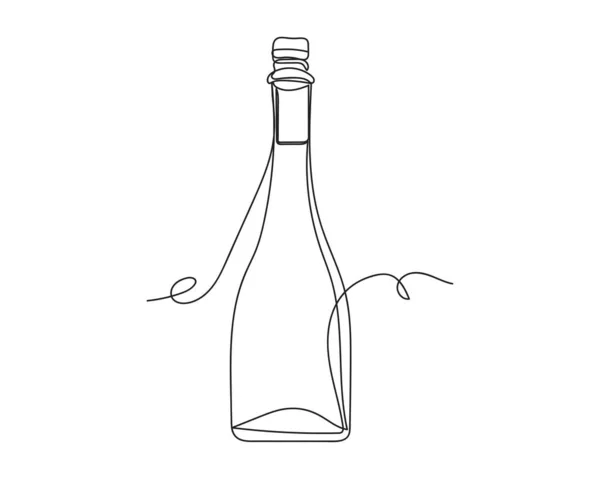 Continuous One Line Drawing Bottle Champagne Silhouette White Background Linear — Vettoriale Stock