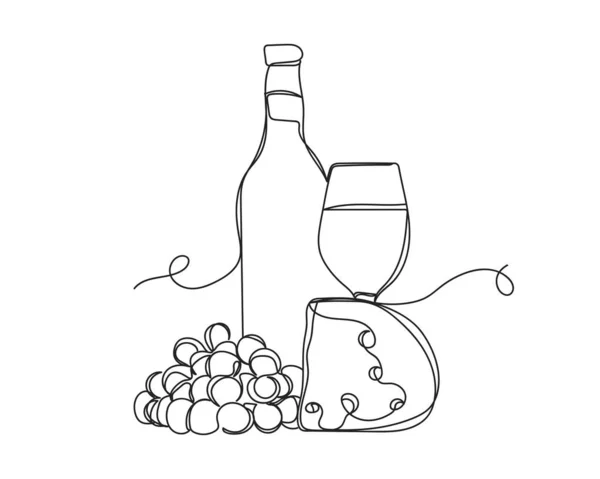 Continuous One Line Drawing Bottle Glass Wine Cheese Silhouette White — Stockový vektor