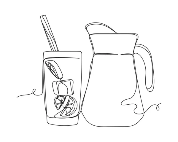 Continuous One Line Drawing Lemonade Summer Drink Silhouette White Background —  Vetores de Stock