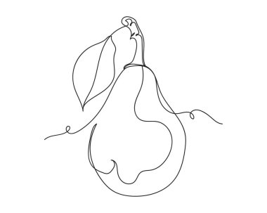 Continuous one line drawing of ripe pear with leaf in silhouette on a white background. Linear stylized.Minimalist.