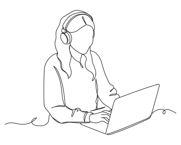 ヘッドフォンでビジネス女性の連続的な1行の図面は 白い背景にシルエットでビデオ通話を持っています 線形スタイル ミニマリスト — ストックベクタ