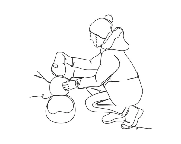 Continuous One Line Drawing Woman Making Snowman Silhouette White Background — Stock vektor