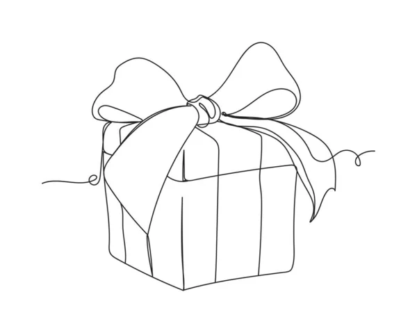 Continuous One Line Drawing Christmas New Year Gift Box Silhouette — Stok Vektör