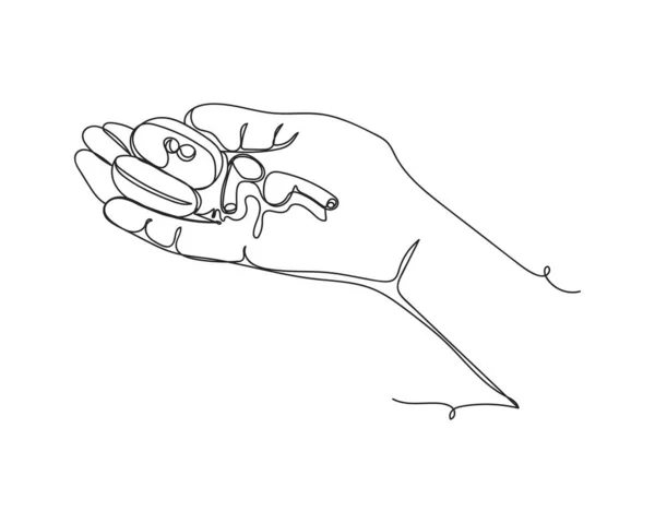 Continuous One Line Drawing Hand Holding Wireless Earphones Silhouette White — Διανυσματικό Αρχείο