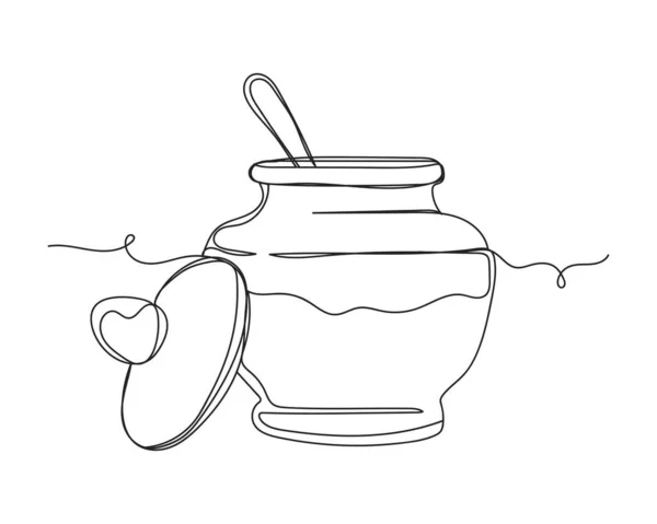 连续一行画的糖或盐或苏打水碗与勺子在一个白色的背景轮廓 线性风格 极简主义 — 图库矢量图片