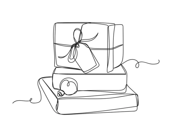 Ununterbrochene Einzeilige Zeichnung Der Anordnung Von Weihnachtsgeschenken Schachteln Silhouette Auf — Stockvektor