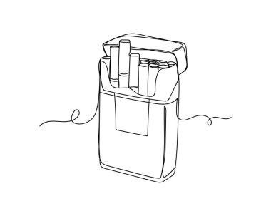 Beyaz arka planda sürekli bir sigara paketi silueti çizimi. Doğrusal biçimlendirilmiş. Minimalist.