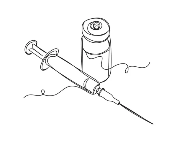 Disegno Continuo Una Linea Siringa Monouso Con Ago Flaconcino Sagoma — Vettoriale Stock