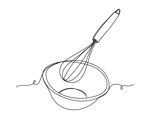 Desenho Contínuo Uma Linha Whisk Ícone Tigela Silhueta Sobre Fundo —  Vetores de Stock