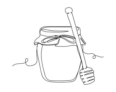 Beyaz arka planda cam bal kavanozu ve siluet şeklinde simge çizimleri devam ediyor. Doğrusal biçimlendirilmiş. Minimalist.