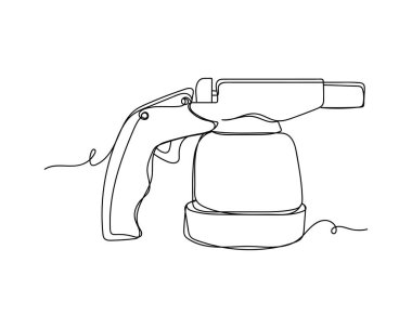 Beyaz arkaplanda siluet şeklinde bir manuel gaz yakma ikonu çizimi devam ediyor. Doğrusal biçimlendirilmiş. Minimalist.
