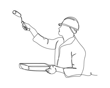 Beyaz arkaplana siluet şeklinde resim çizen profesyonel işçilerin sürekli bir çizimi. Doğrusal biçimlendirilmiş.