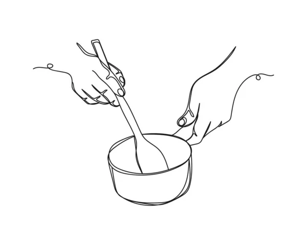 白を基調としたシルエットでシェフの手アイコンによる調理ソースの連続ワンラインドローイング 線形形式 — ストックベクタ