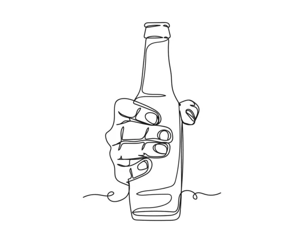 Dibujo Continuo Una Línea Mano Sosteniendo Icono Botella Cerveza Silueta — Vector de stock