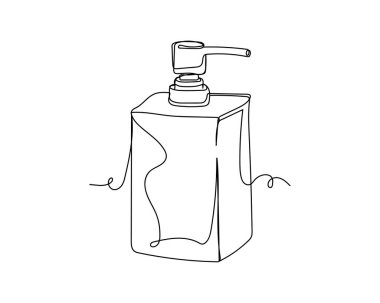 Beyaz arka planda siluet şeklinde bir şişe sabunu çizimi devam ediyor. Doğrusal biçimlendirilmiş.