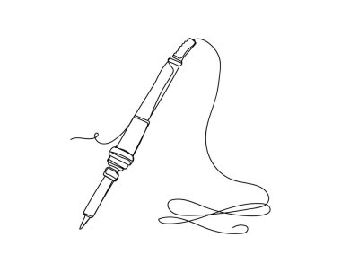 Beyaz bir arkaplanda lehimleme simgesini siluetinde sürekli bir çizgi halinde çiziyor. Doğrusal biçimlendirilmiş.