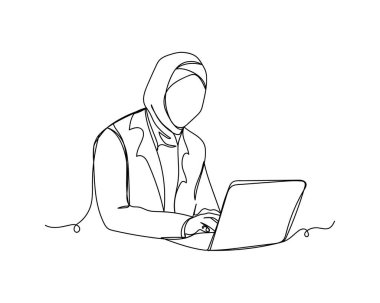 Beyaz arka planda siluet içinde güzel Müslüman iş kadını ikonu çizimleri. Doğrusal biçimlendirilmiş.