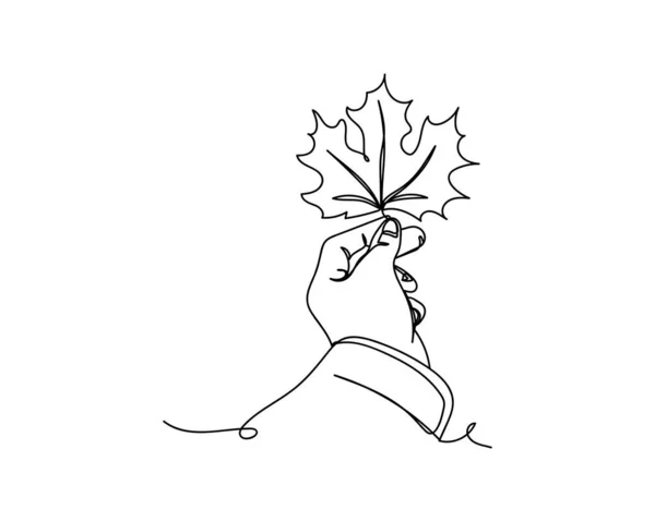 Непрерывный Рисунок Одной Линии Руки Держащей Иконку Осеннего Клена Силуэте — стоковый вектор