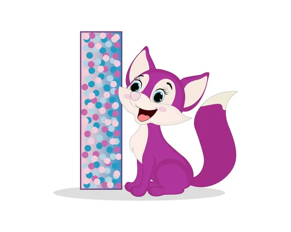 Cute Cartoon Little Purple Fox Alphabet Letter Перфект Поздравительных Открыток — стоковый вектор