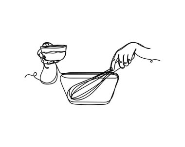 Güzel şefin sürekli çizdiği bir çizgi beyaz arka planda krema pişirme konsepti simgesini silüetle karıştırıyor. Doğrusal biçimlendirilmiş.