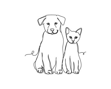 Beyaz arka planda sürekli bir çizgi halinde logo köpeği köpek yavrusu ve kedi ikonu çiziyor. Doğrusal biçimlendirilmiş.