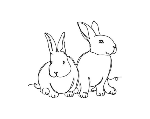 Continuous One Line Drawing Cute Two Bunnies Icon Silhouette White — Stock Vector