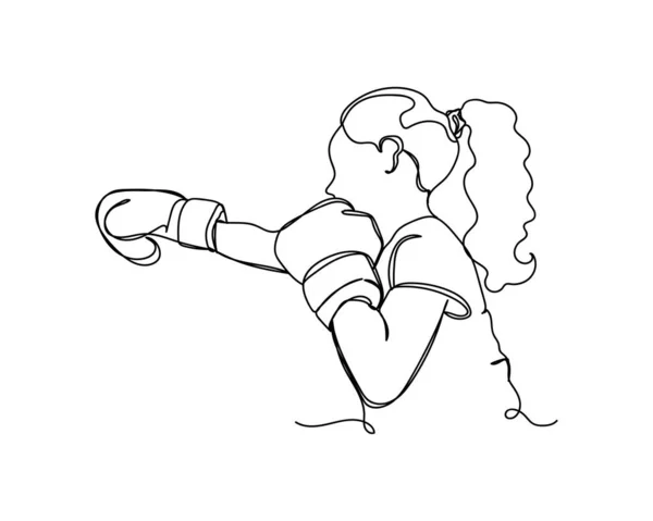 Dessin Continu Une Ligne Fille Femme Icône Boxe Silhouette Sur — Image vectorielle