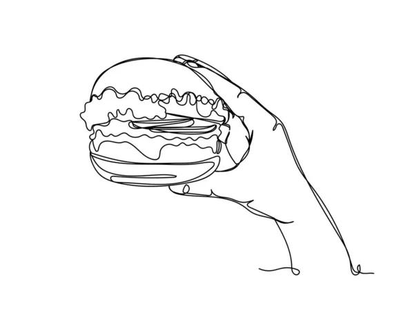 Непрерывный Рисунок Одной Линии Руки Держащей Значок Гамбургера Силуэте Белом — стоковый вектор