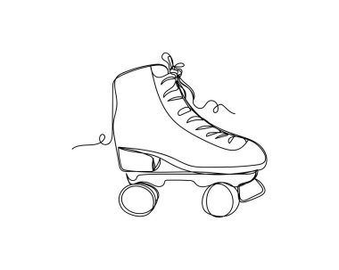 Beyaz bir arkaplanda siluet içinde şık bir paten ikonu çizmeye devam et. Doğrusal biçimlendirilmiş.
