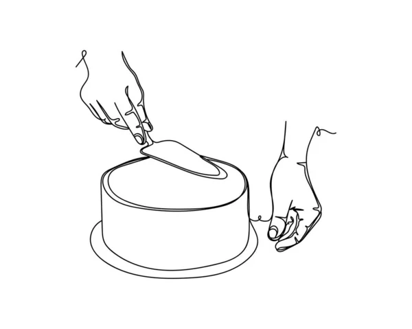白を基調にしたシルエットでコンセプトアイコンを飾るフレッシュでおいしいケーキを作る手の連続1本の線画 線形形式 — ストックベクタ