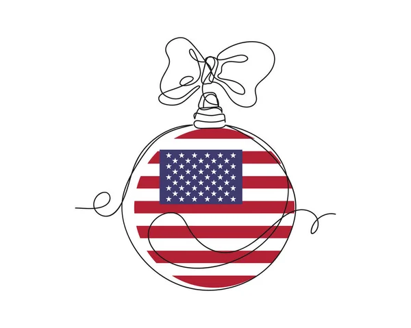 Desenho Contínuo Uma Linha Bola Natal Com Bandeira Dos Eua —  Vetores de Stock