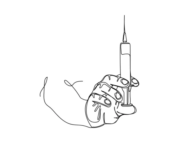 Desenho Contínuo Uma Linha Mão Segurando Seringa Saudável Ícone Conceito —  Vetores de Stock