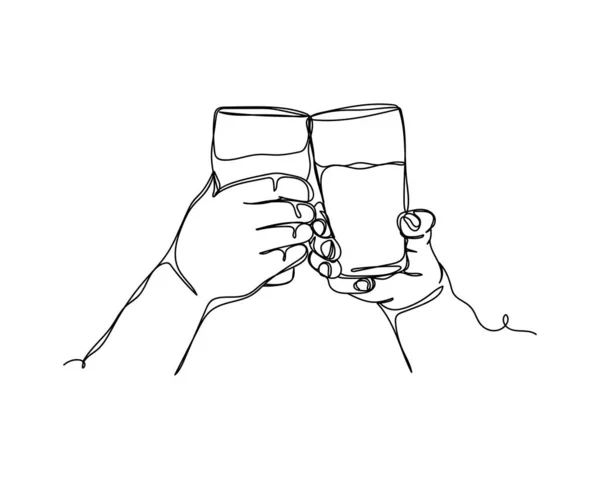 Desenho Contínuo Uma Linha Mãos Segurando Óculos Com Ícone Cerveja —  Vetores de Stock