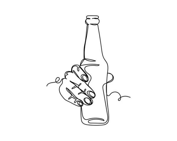 Безперервний Креслення Однієї Лінії Руки Тримає Пляшку Пива Силуеті Білому — стоковий вектор