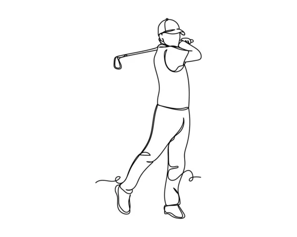 连续的一条线画一个人在一个白色背景的轮廓练习高尔夫 线性风格化 — 图库矢量图片