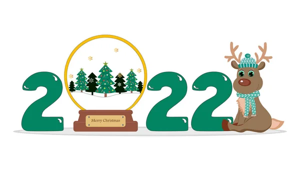 2022 Noel 'inde şirin geyikli cam küreli şirin bir çizgi film. Tebrik kartları, parti davetiyeleri, posterler, çıkartmalar, broşürler, kupürler, simgeler için mükemmel..
