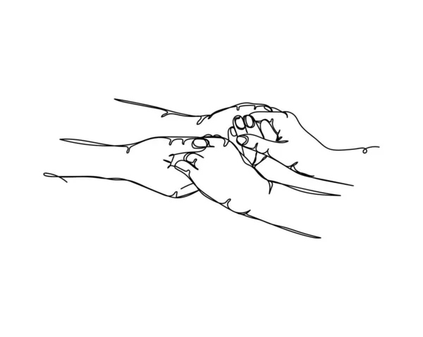 宗教的な手の連続的な1行の描画と白の背景にシルエットで一緒に祈る 線形形式 — ストックベクタ
