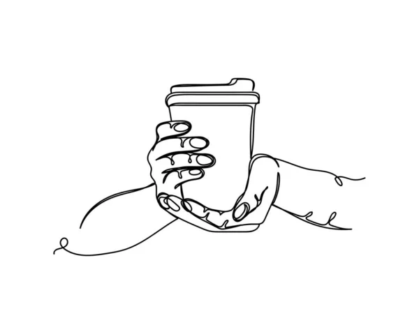 Kontinuerlig Linje Ritning Händer Som Håller Takeaway Kaffe Kopp Ikon — Stock vektor