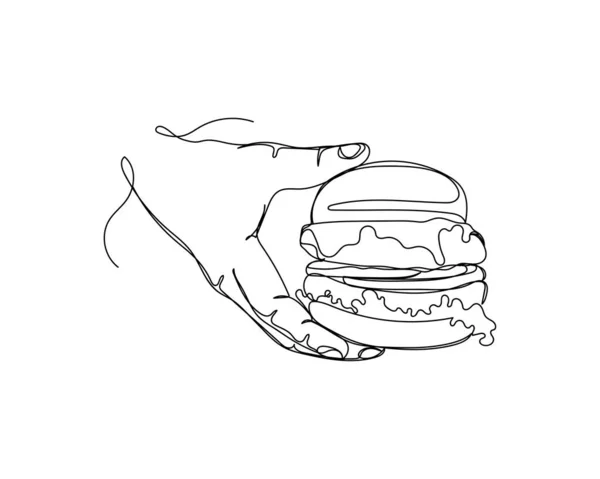 Непрерывный Рисунок Одной Линии Руки Держащей Иконку Гамбургера Концепция Быстрого — стоковый вектор