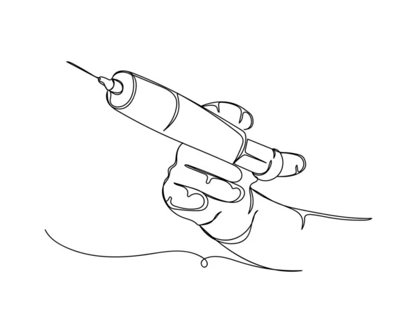 Kontinuierliche Einzeilige Zeichnung Einer Großen Spritze Mit Impfbereiter Flüssigkeit Silhouettensymbol — Stockvektor