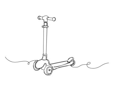 Beyaz arka planda çocuk scooter 'ının siluet ikonu çizimleri devam ediyor. Doğrusal biçimlendirilmiş.